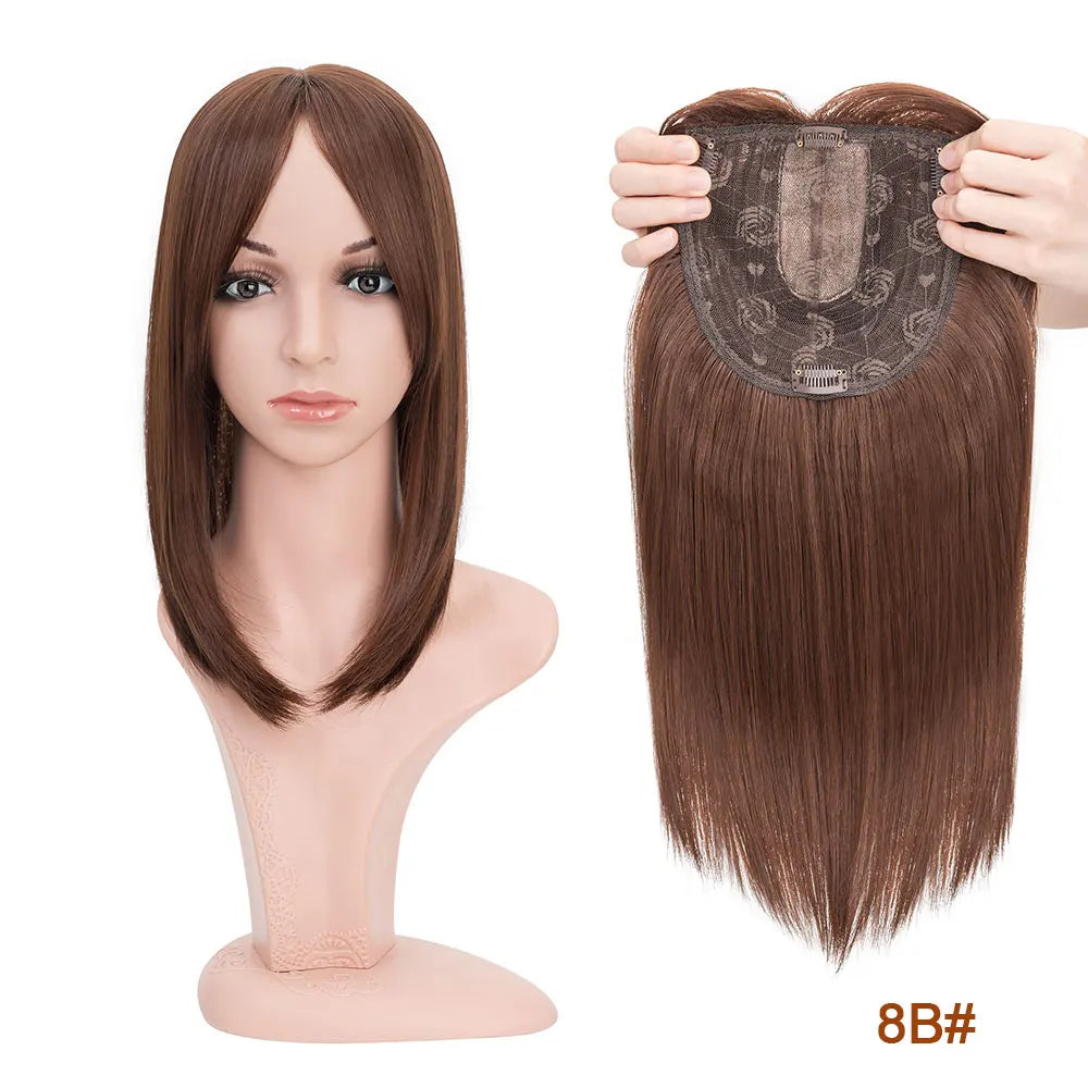 A model displays a straight brown hair topper with bangs, shown next to the full hair piece.