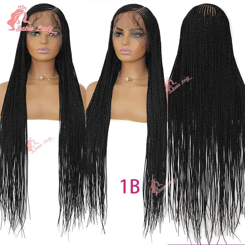 A display of a 36-inch braided cornrow wig shown on three models.