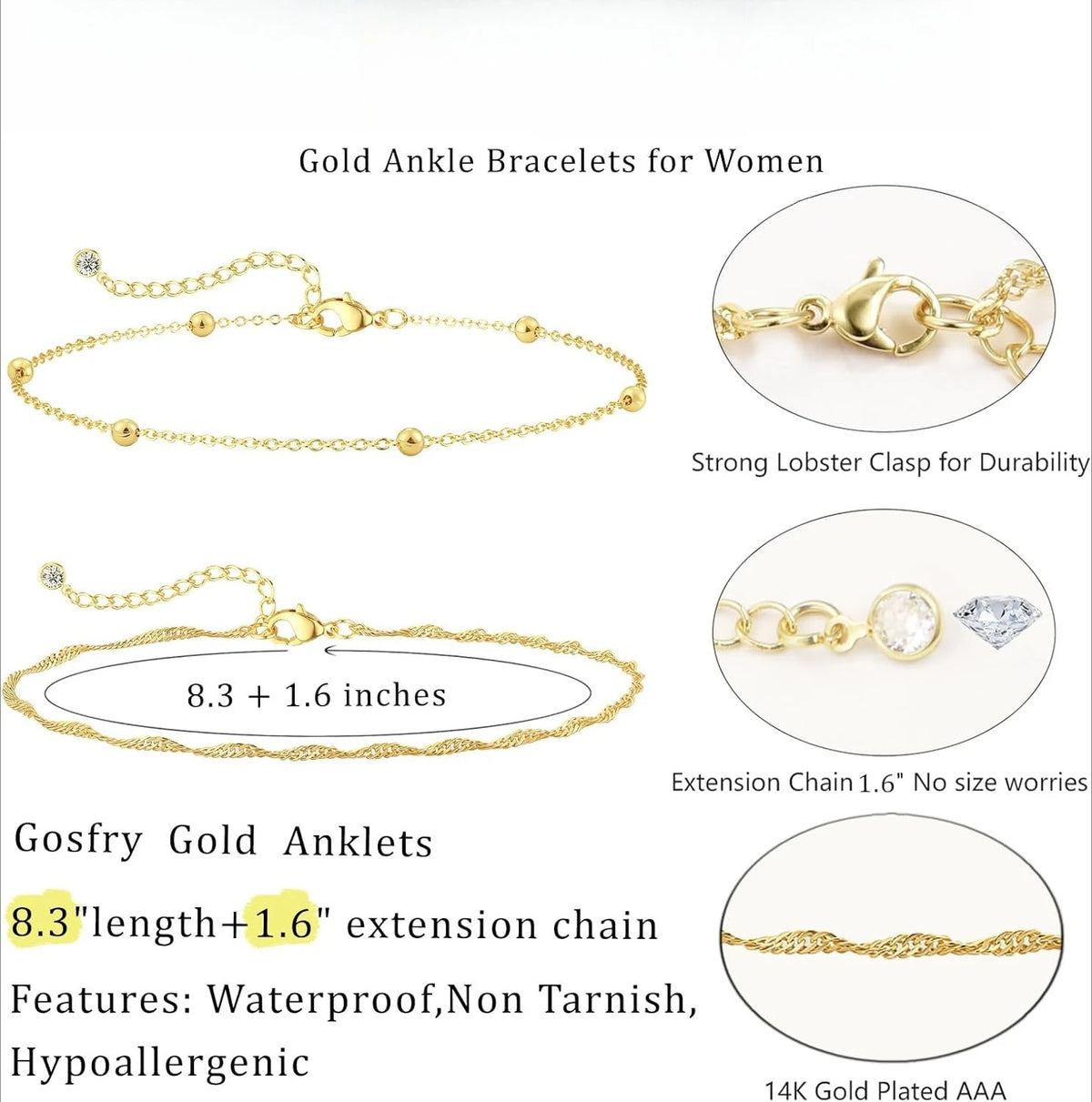 Gold ankle bracelets for women featuring a strong lobster clasp and an extension chain