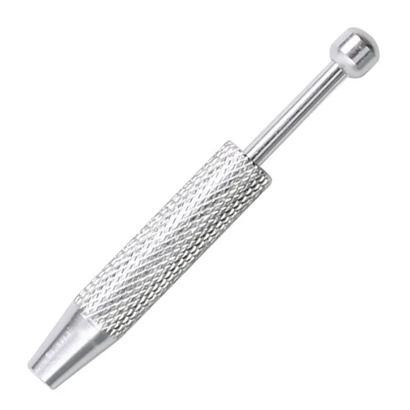 A silver precision four-claw jewelry pick-up tool with a pointed tip and a rounded end.