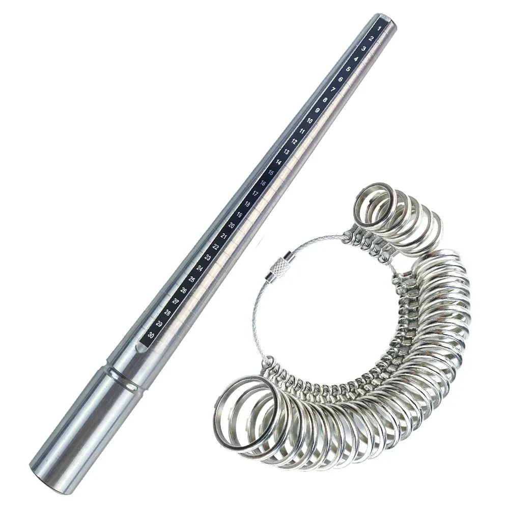 A professional metal ring sizer set featuring a long, graduated metal rod and a coiled ring mandrel.