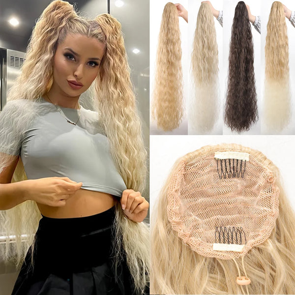 Long blonde hair extensions with a drawstring, shown in various styles and lengths.