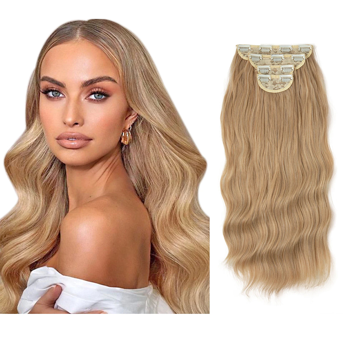 Una modelo muestra extensiones de cabello ondulado de clip de 22 pulgadas con detalles dorados.