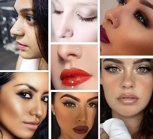 Close-up collage of various women showcasing fashion crystal stainless steel nose stud piercings.