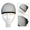 A black stretchable mesh hair net displayed on a white mannequin head.