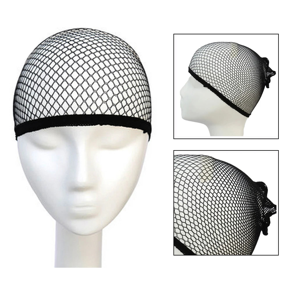 A black stretchable mesh hair net displayed on a white mannequin head.