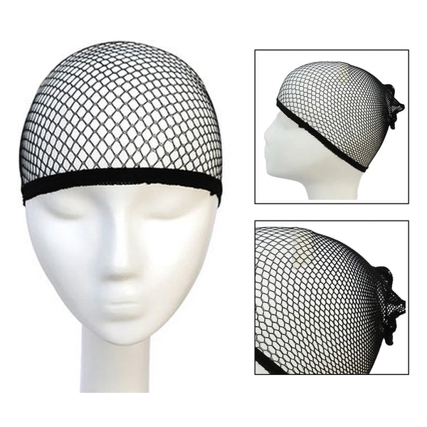 A black stretchable mesh hair net displayed on a white mannequin head.