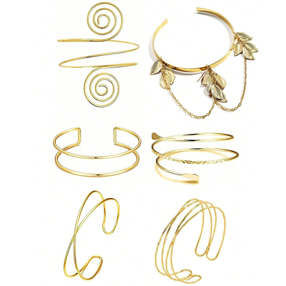 A set of six gold-plated swirl cuff armbands displayed against a white background.