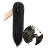 Black 18-inch synthetic straight hair extension with a claw clip being held by a hand.
