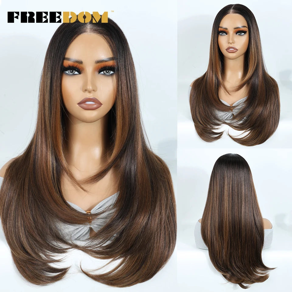 A long, straight brown synthetic wig displayed on a mannequin head.