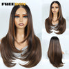 A long, straight brown synthetic wig displayed on a mannequin head.
