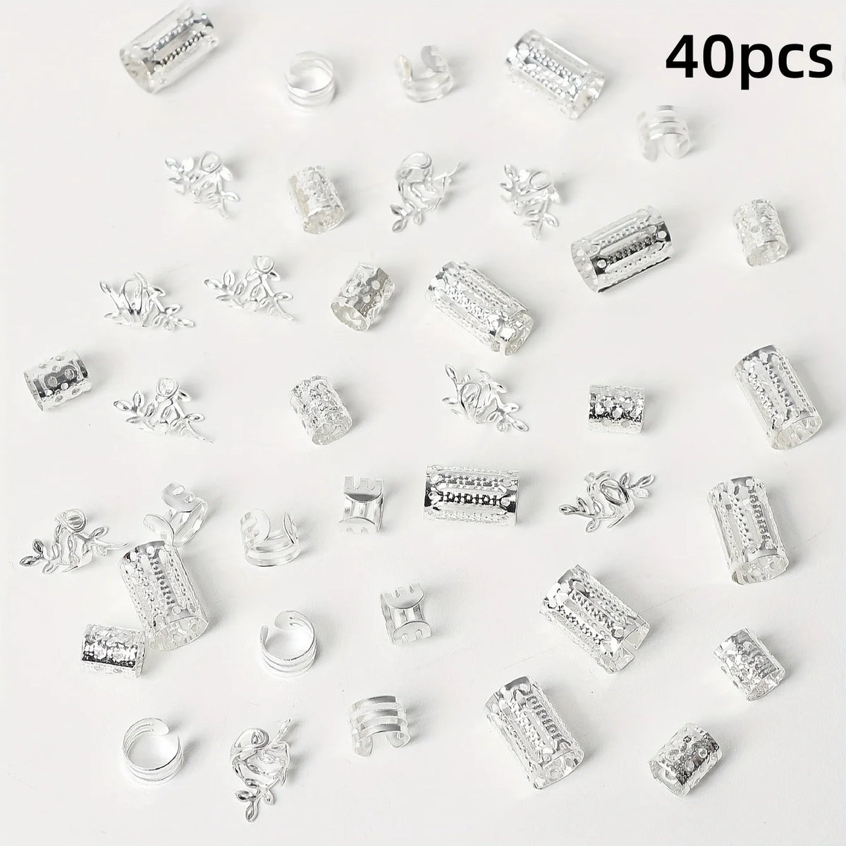 A collection of 40 silver elegant hollow hair rings for braids displayed on a white background.