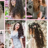 A collage showing various styles of long, curly hair extensions for party, daily, travel, and wedding looks.