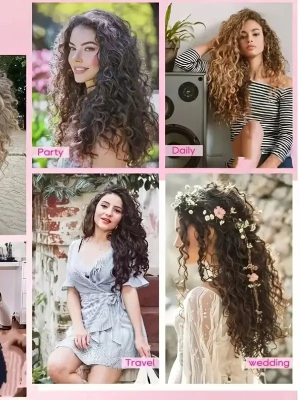 A collage showing various styles of long, curly hair extensions for party, daily, travel, and wedding looks.