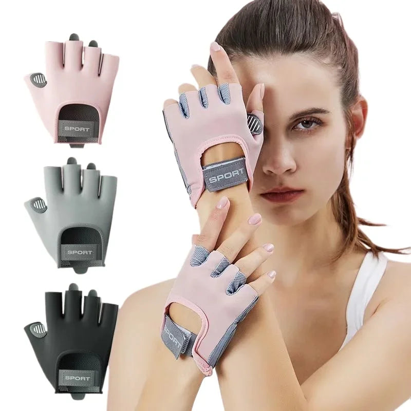 A woman is wearing a pink silicone hand glove for body sculpting.
