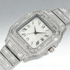 A silver diamond crystal quartz wristwatch for men with a pave-set bezel and bracelet.