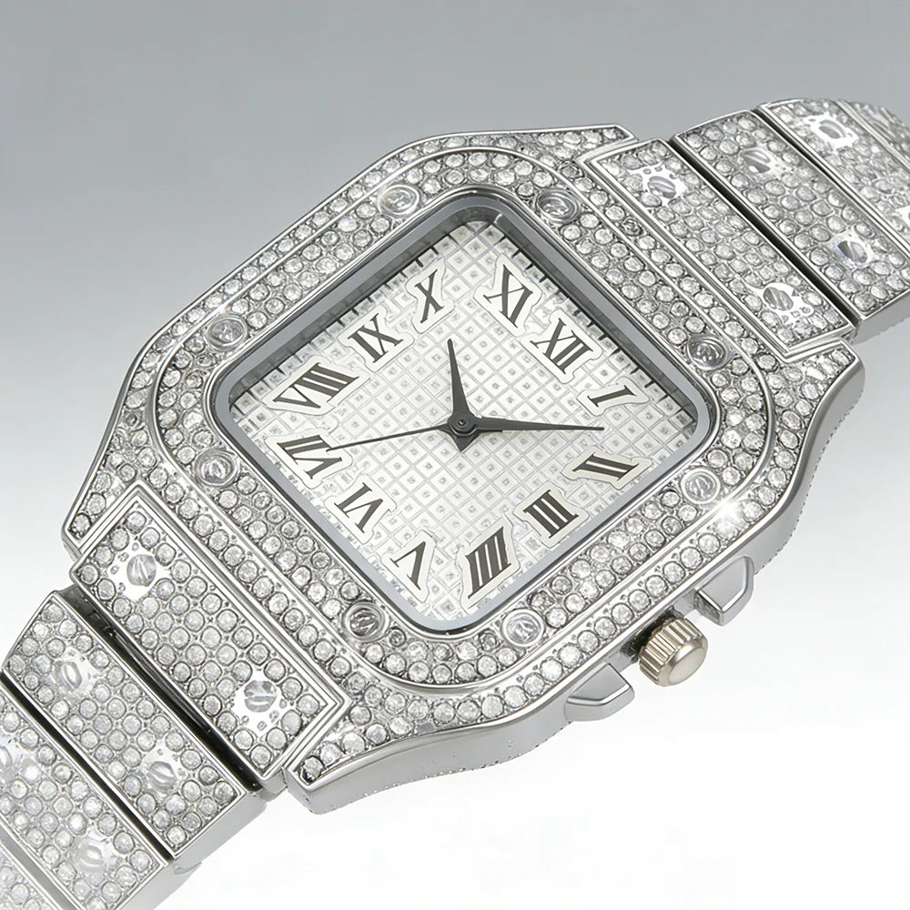 A silver diamond crystal quartz wristwatch for men with a pave-set bezel and bracelet.
