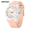A pink and white classic quartz fashion watch with a silicone strap shown on a white background.