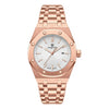 A rose gold square quartz men's watch with a silver dial and luminous hands on a white background.