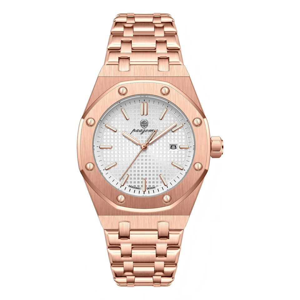 A rose gold square quartz men's watch with a silver dial and luminous hands on a white background.