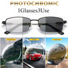 Pair of photochromic progressive reading glasses shown in various light conditions