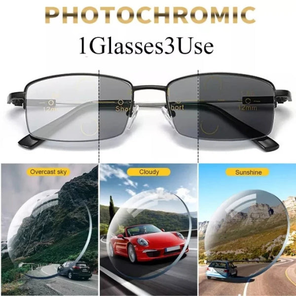 Pair of photochromic progressive reading glasses shown in various light conditions