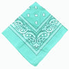 A light turquoise cotton bandana scarf featuring white paisley and geometric patterns.