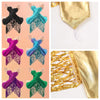 Set aus metallischem Gold und Teal Partyhandschuhen mit durchscheinendem Stoff und Paillettenfransen