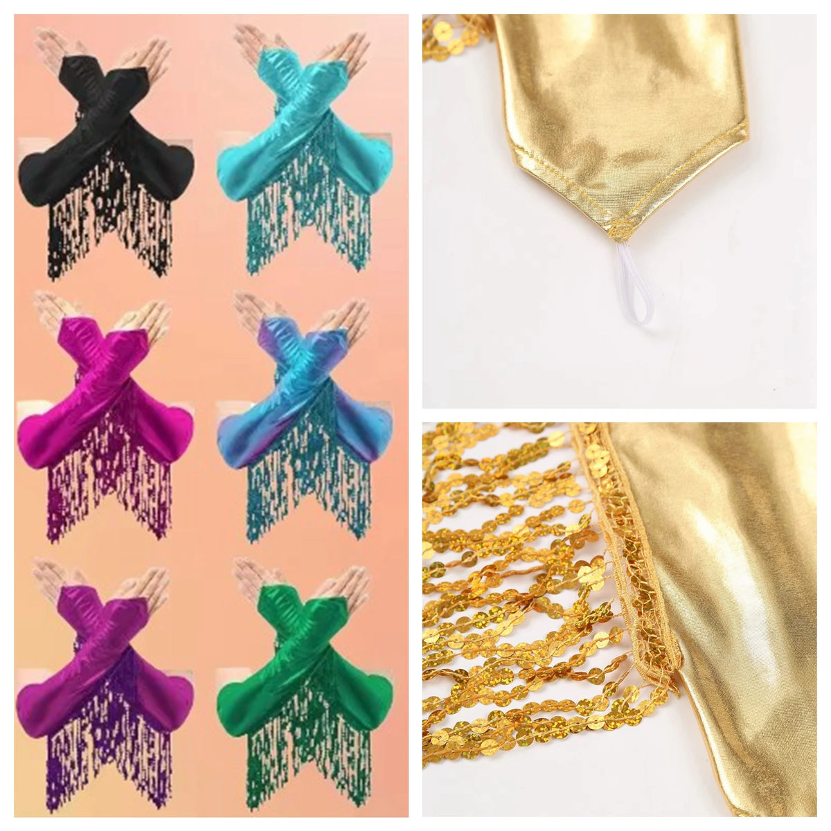 Set aus metallischem Gold und Teal Partyhandschuhen mit durchscheinendem Stoff und Paillettenfransen