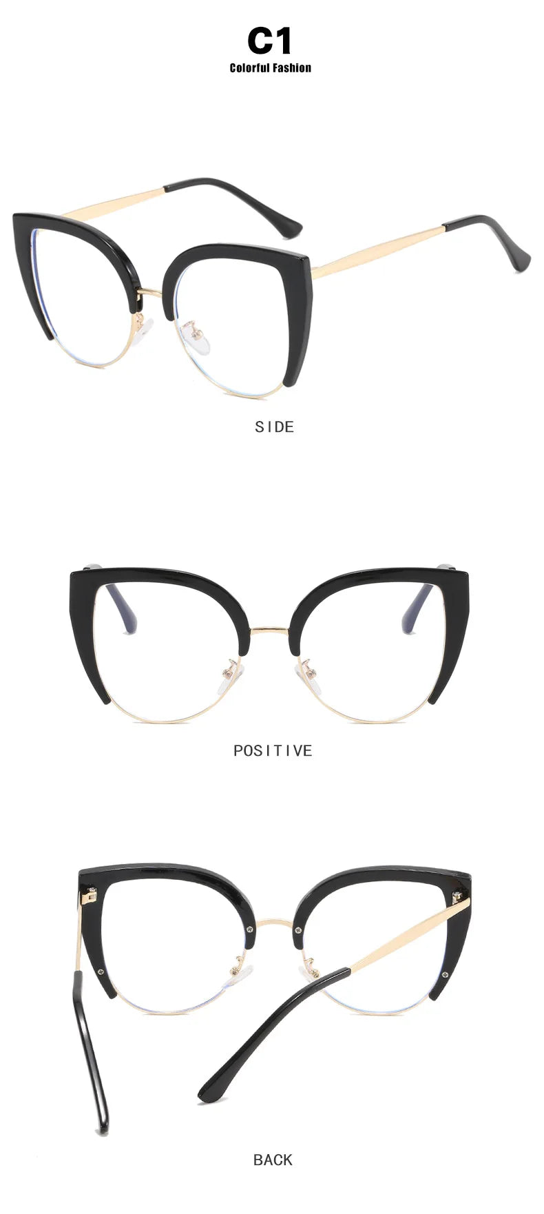 A set of black and gold vintage metal cat eye eyeglasses shown from side, positive, and back views.