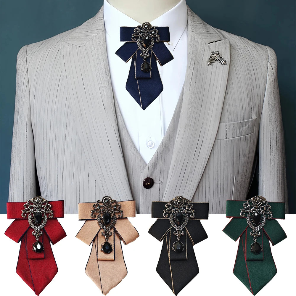 A collection of elegant handcrafted solid color ties with diamond embellishments in red, beige, black, and green.