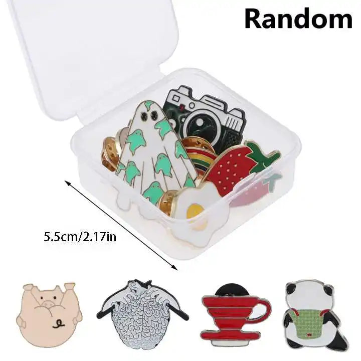 A collection of five cute random fashion pins and badges, including a piggy, a hedgehog, a strawberry, and a small animal.
