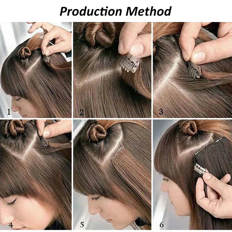 Six steps demonstrating the production method of long straight hair extensions for natural styling.