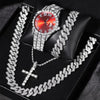 A set featuring a diamond-encrusted wristwatch and a matching hip hop chain necklace displayed in a black box.