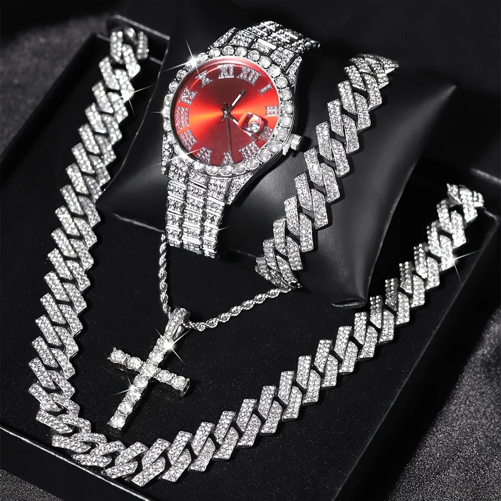 A set featuring a diamond-encrusted wristwatch and a matching hip hop chain necklace displayed in a black box.