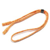 A thin, orange and white striped lanyard necklace is shown against a white background.