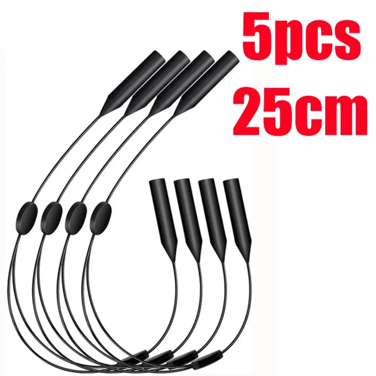 Five black adjustable anti-slip eyeglass retainer straps, 25cm long.