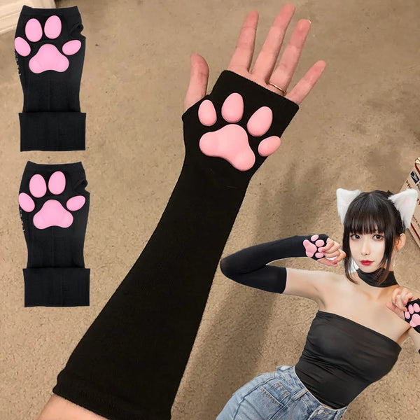 Black arm sleeves with pink cat paw designs for cosplay and sun protection