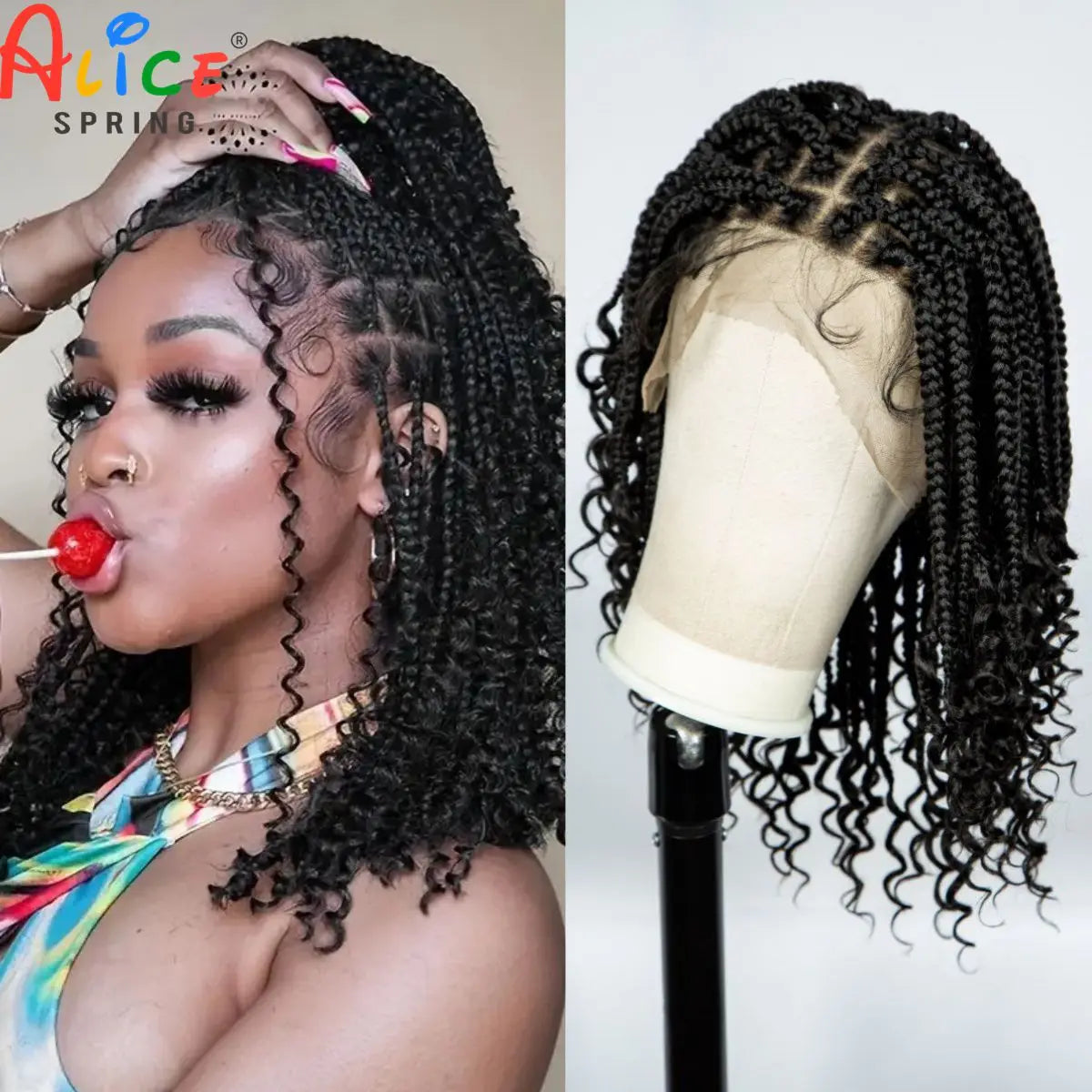 Close-up photo of a woman wearing a black box braid wig with intricate parting and curly texture.