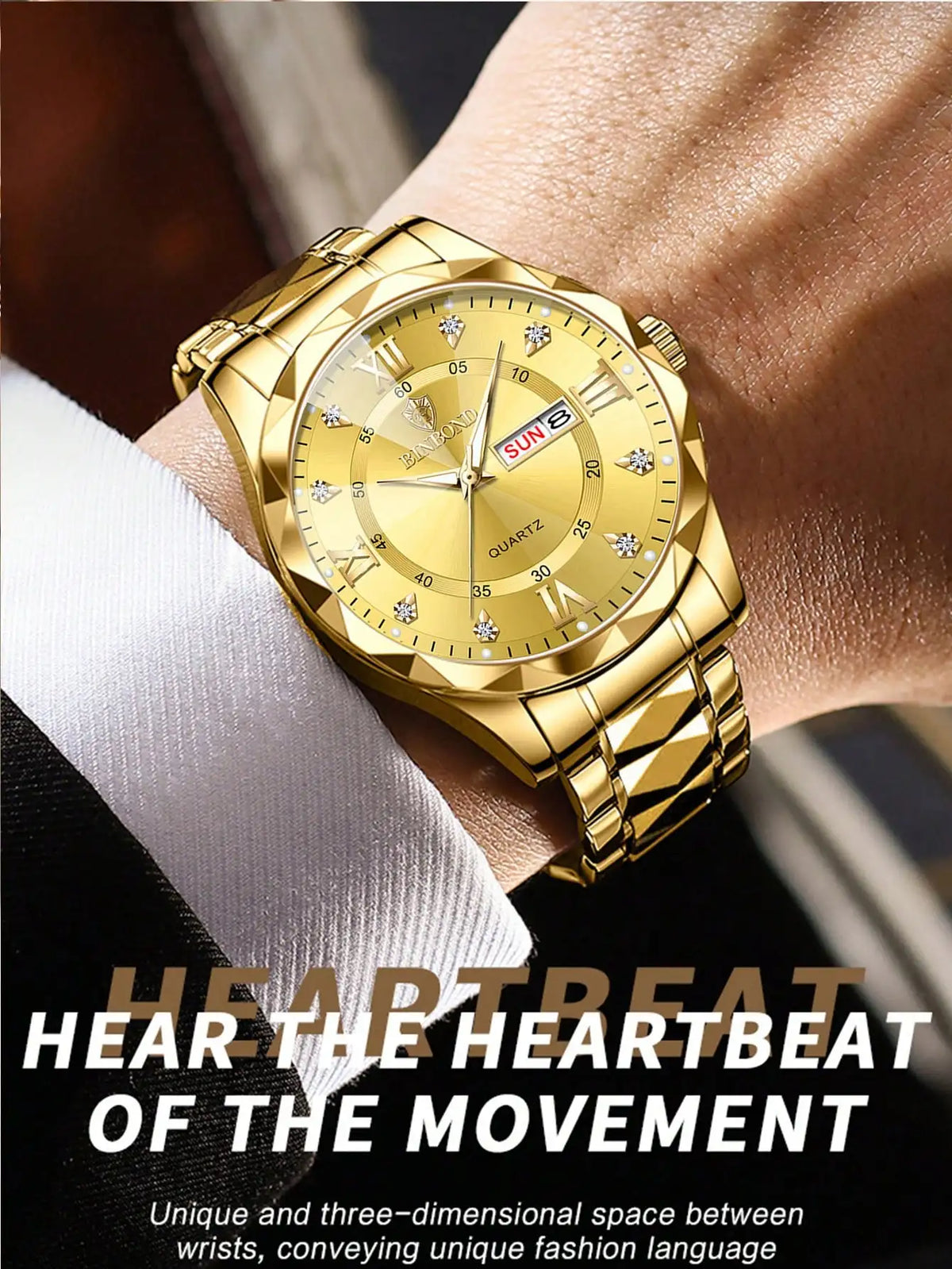 A close-up of a gold-toned watch worn on a wrist, featuring a sunburst dial and a textured band.