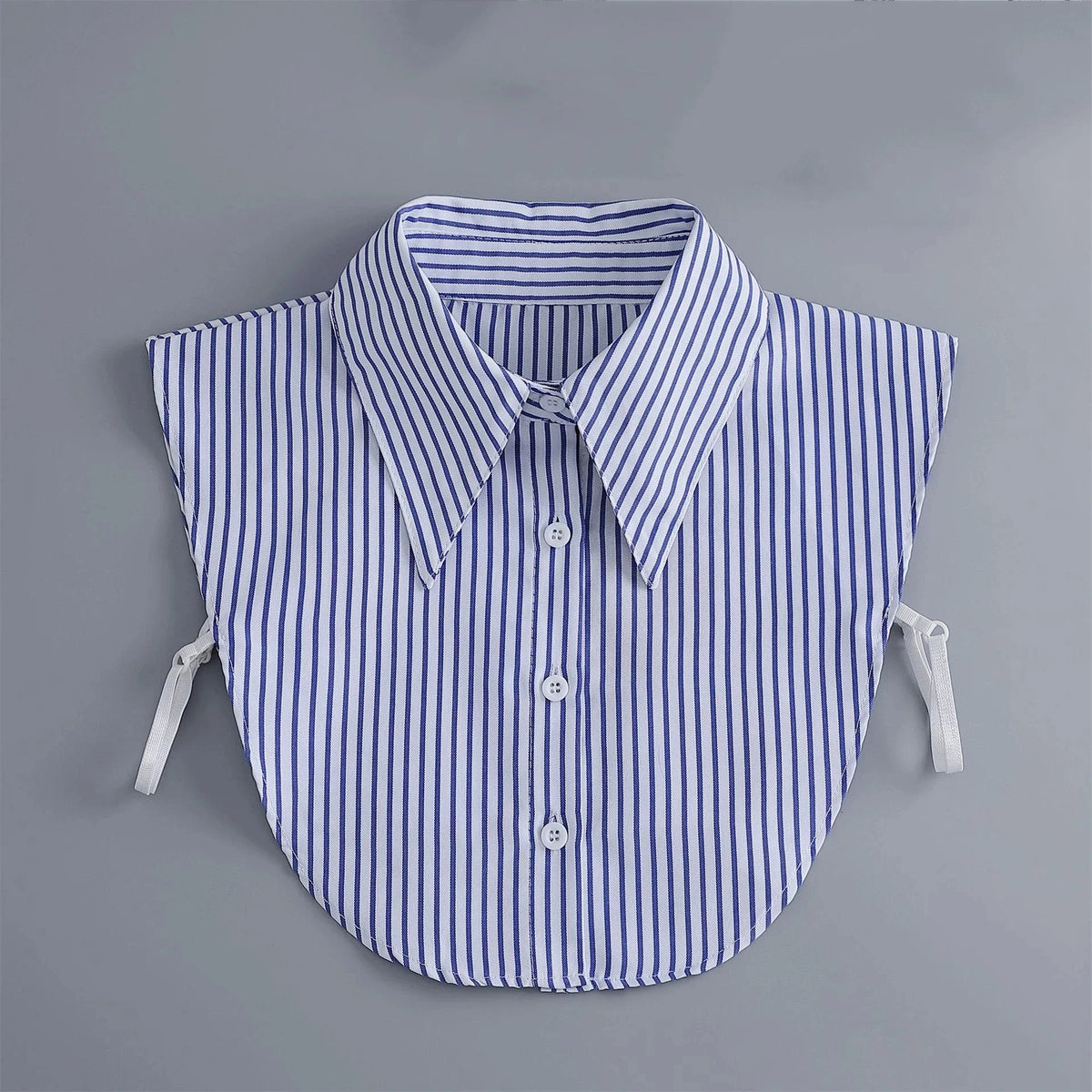 Blue and white striped button-down shirt with a false collar and detachable necklines