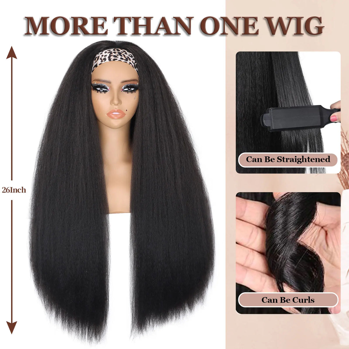 A long, straight black wig displayed on a mannequin with instructions for straightening and curling.