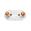 A clear plastic magnetic clip for holding eyeglasses, featuring two orange-tinted holders.