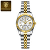 Elegant stainless steel quartz ladies wristwatch with gold and silver accents and luminous features