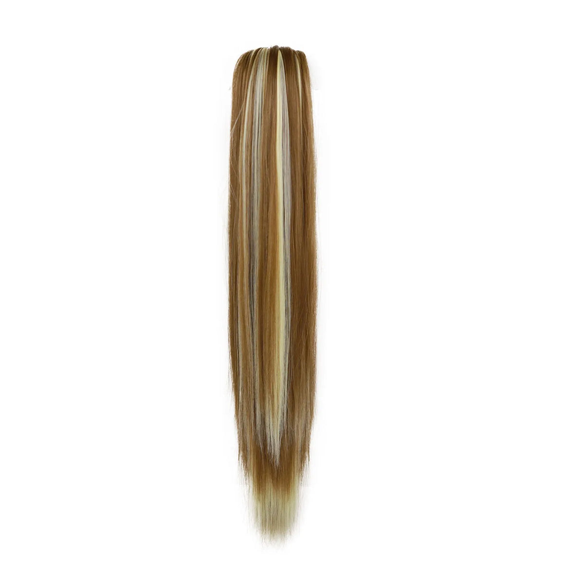 A long, straight hair extension featuring a blend of blonde and brown tones.