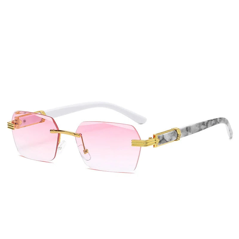 Pink gradient frameless sunglasses with gold and grey marbled accents