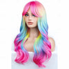 A woman modeling a long, wavy synthetic wig with rainbow ombre hair featuring pink, blue, and yellow tones.