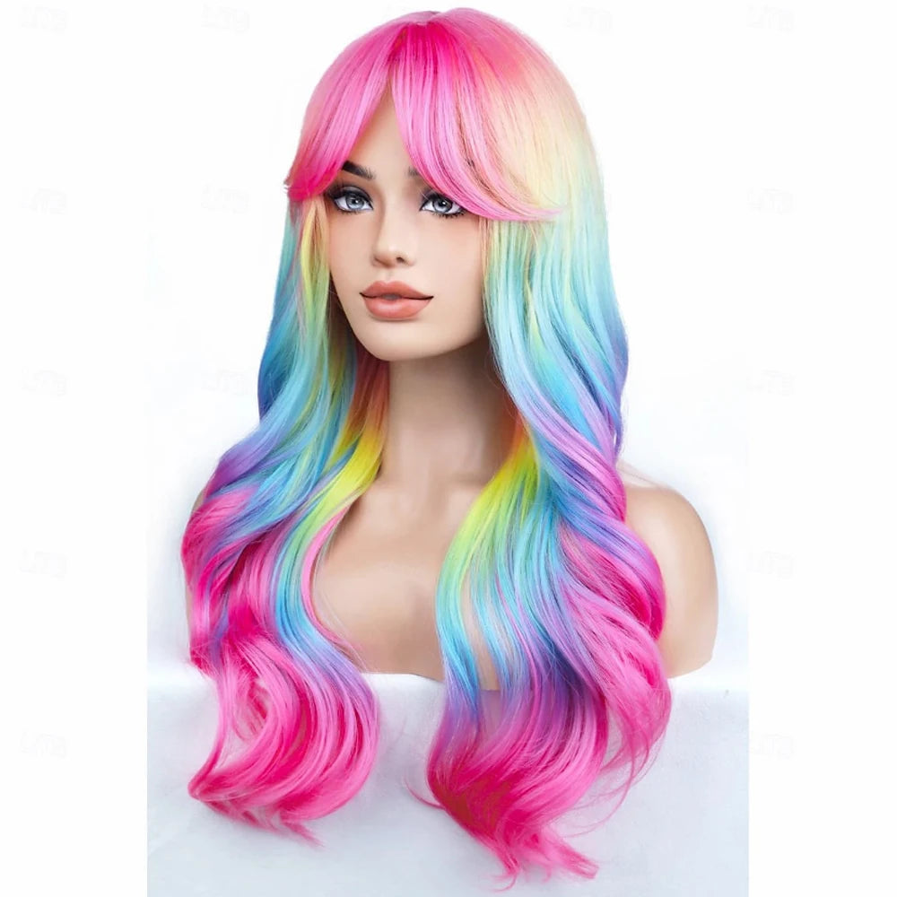 A woman modeling a long, wavy synthetic wig with rainbow ombre hair featuring pink, blue, and yellow tones.
