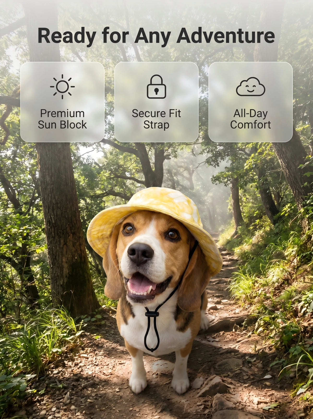 Un chien joyeux portant un chapeau de soleil jaune marche sur un sentier de forêt.