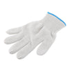 A pair of white cotton thread work gloves with blue trim shown from above.